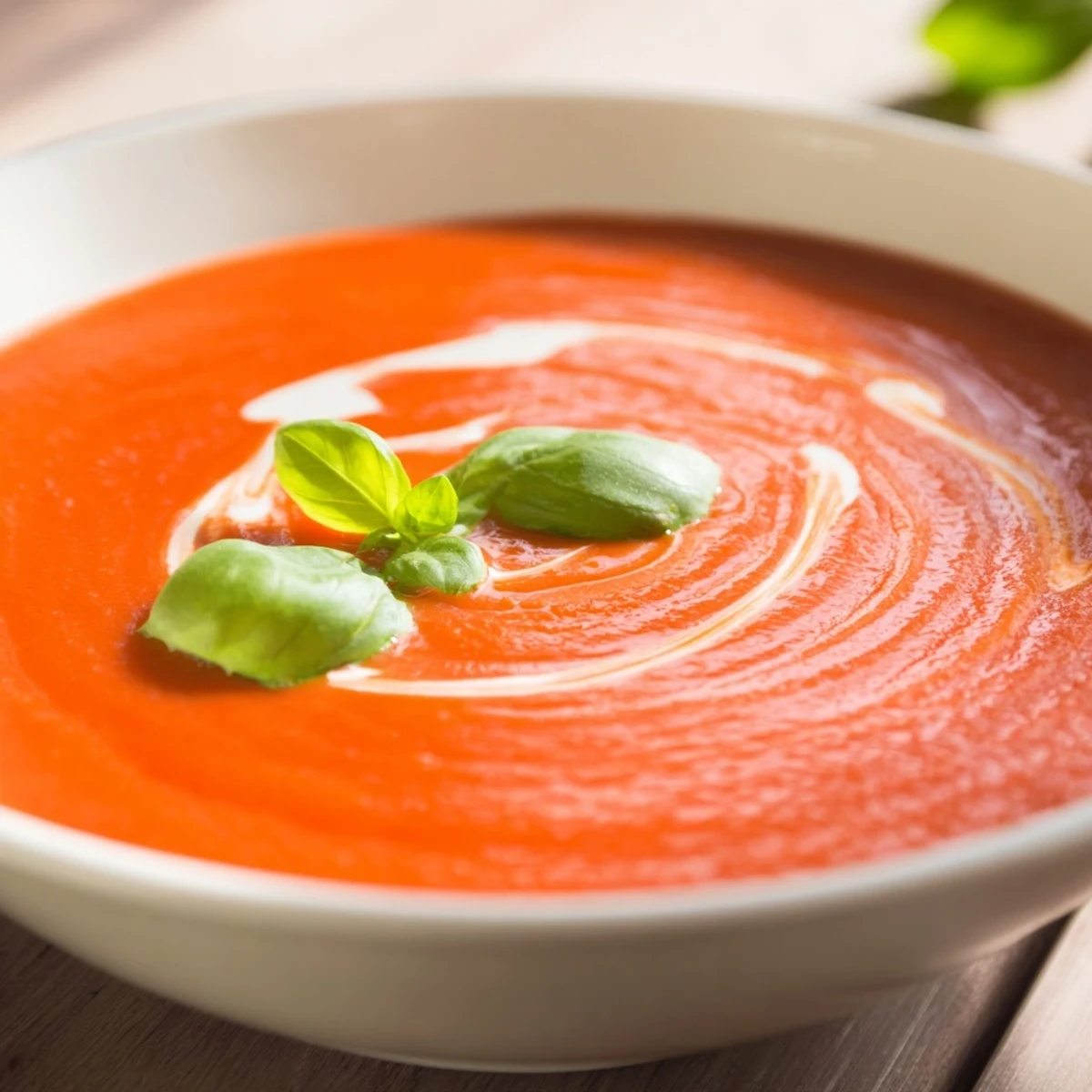 Cremige Tomatensuppe mit frischem Basilikum wird aus einer Schüssel geschöpft, garniert mit frischen Basilikumblättern, ideal für eine gemütliche Mahlzeit.