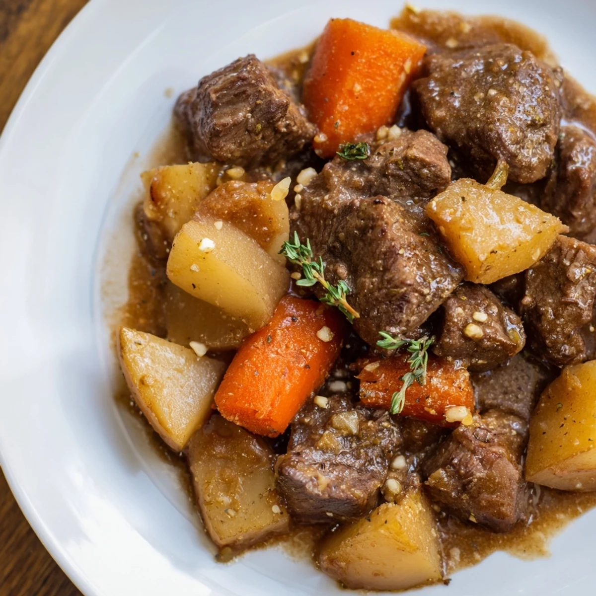 Bild von Beef Stew with Root Vegetables and Herbs mit saftigem Fleisch und Karotten