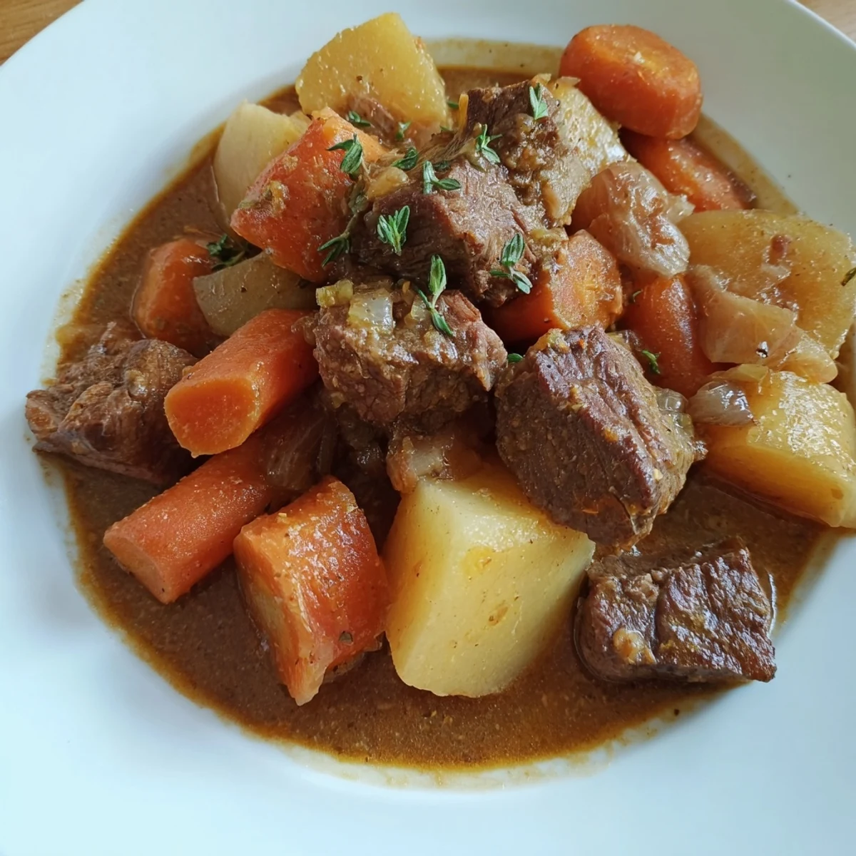 Heiße Schüssel Beef Stew with Root Vegetables and Herbs auf rustikalem Tisch