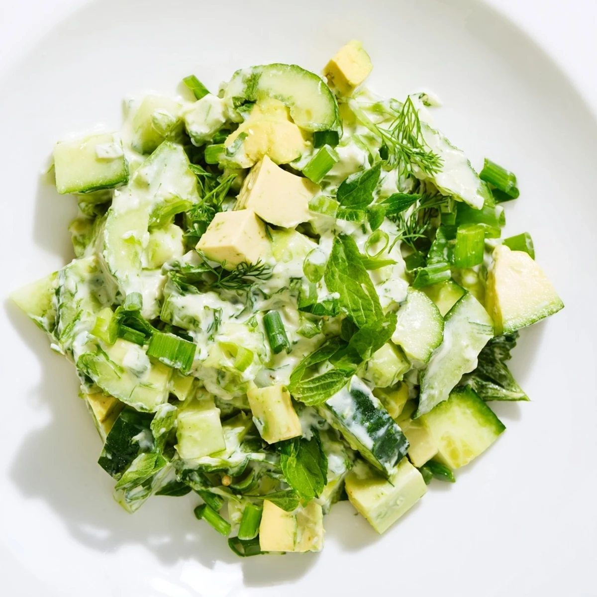 Green Goddess Salad mit Avocado und Gurke, serviert mit Joghurt-Dressing und frischen Kräutern für die Mittagspause.