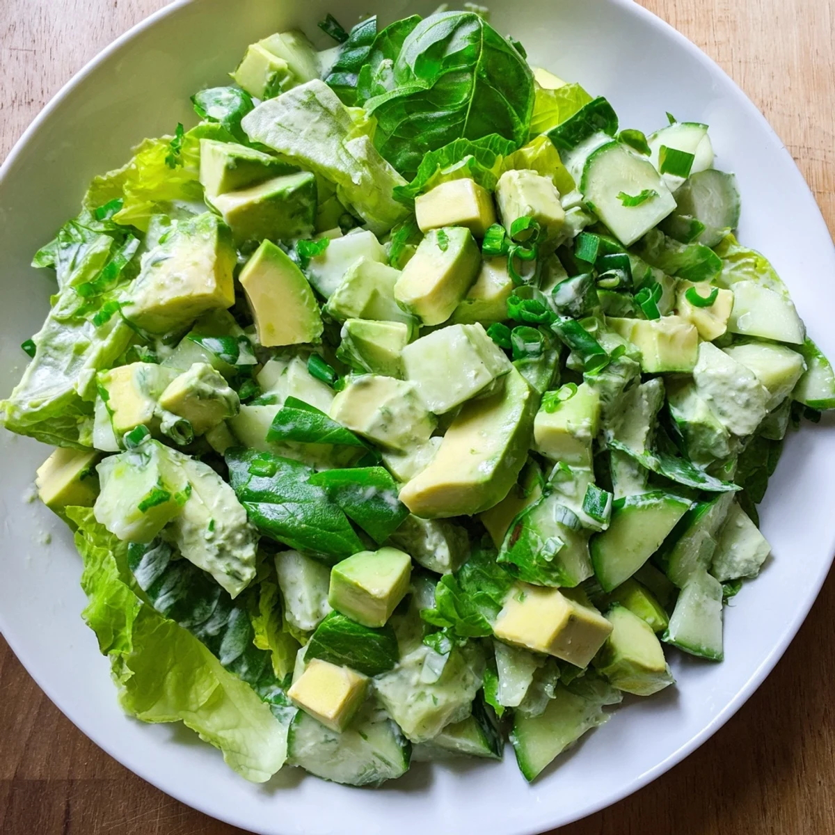 Frischer Green Goddess Salad mit Avocado und Gurke in einer Glas-Schüssel mit cremiger grüner Dressung.