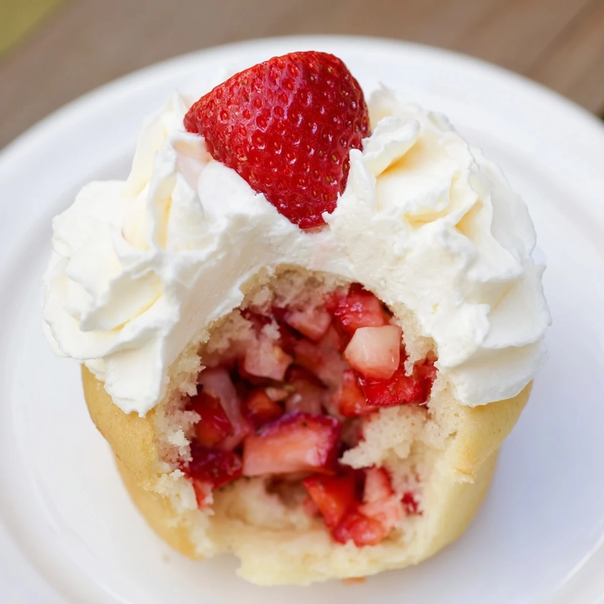 Köstliche Strawberry Shortcake Cupcakes mit frosting und frischen Erdbeeren gestapelt auf teller