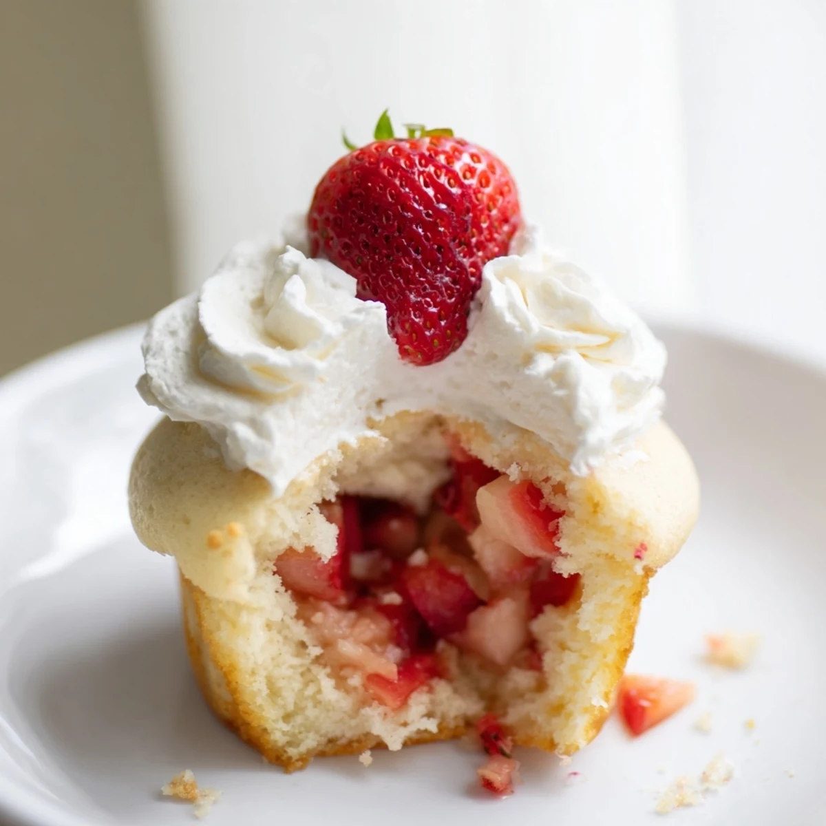 Zarte Strawberry Shortcake Cupcakes mit frosting gefüllt und cremigem topping garniert für nachmittag