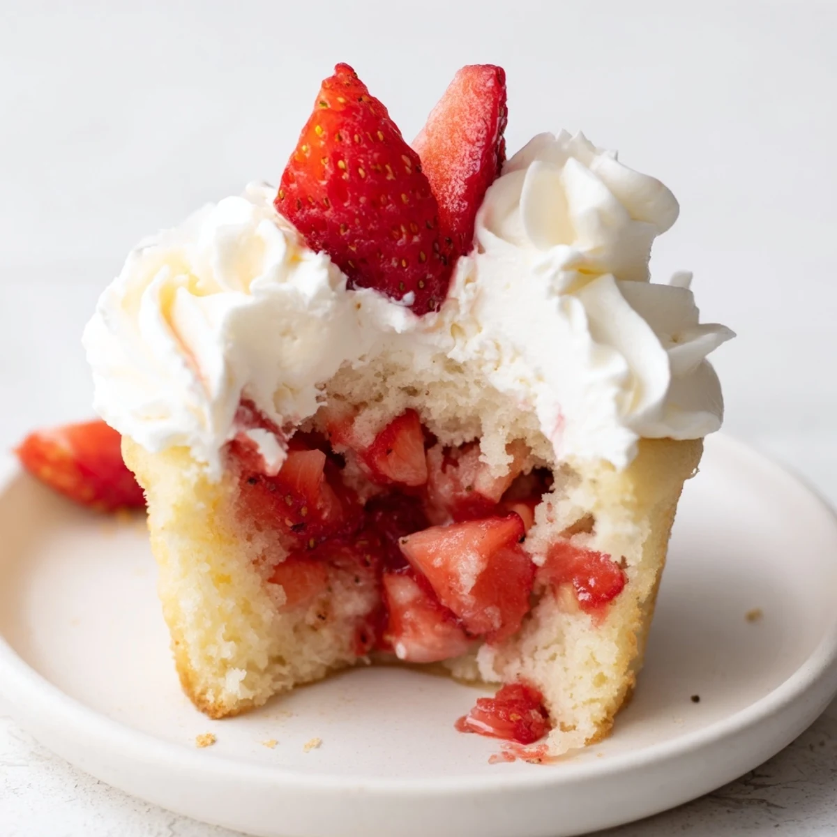 Saftige Strawberry Shortcake Cupcakes mit frosting und geschlagener cremiger glasur serviert auf holzplatte