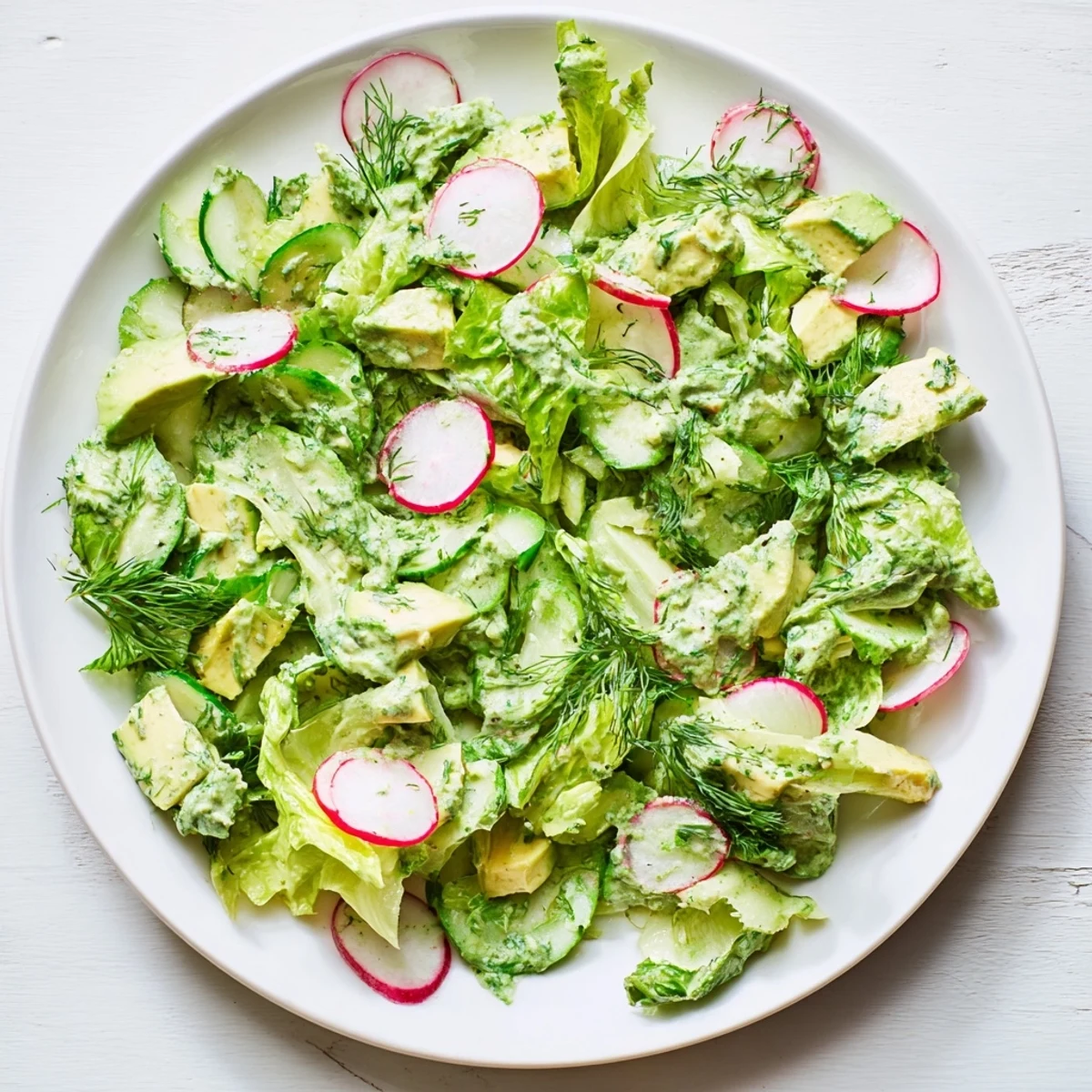 Frischer Green Goddess Salad mit Avocado und Gurke auf hellem Teller mit Kräutern.  