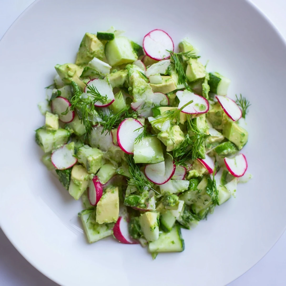 Sommerlicher Green Goddess Salad mit Avocado und Gurke, knackig und mit Joghurt-Dressing serviert.