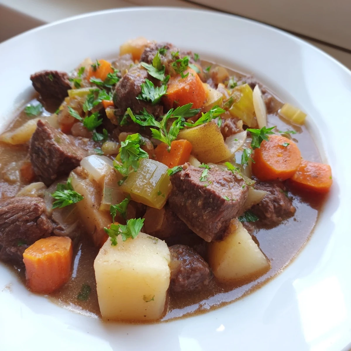 Rustikale Beef Stew with Root Vegetables and Herbs dampft im Topf mit zarten Rindfleischstücken und bunten Karotten.