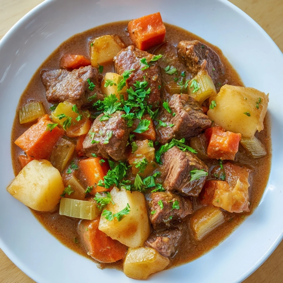 Gemütliche Beef Stew with Root Vegetables and Herbs dampft über weichen Kartoffeln und wird mit frischer Petersilie garniert.