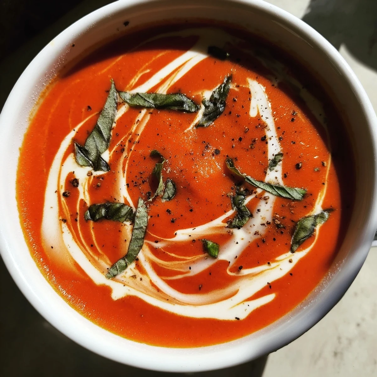 Cremige Tomatensuppe mit frischem Basilikum wird in einer Keramikschüssel mit Sahneschwung und Basilikumblättern serviert.