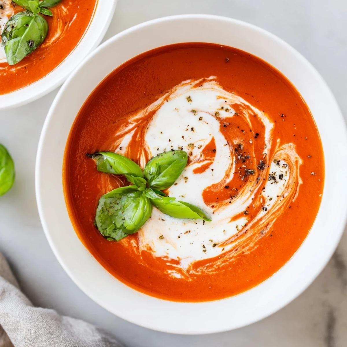 Üppige Cremige Tomatensuppe mit frischem Basilikum in Tellern, garniert mit Blättern und Krümeln von knusprigem Brot.
