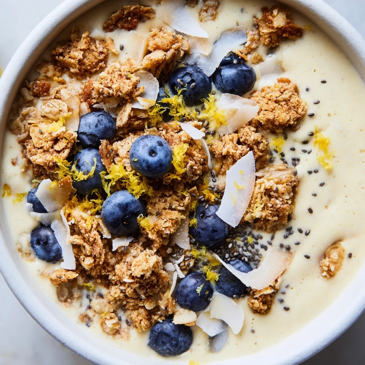 Zwei Schalen mit frisch zubereitetem Lemon Blueberry Smoothie Bowl mit Granola, belegt mit frischen Blaubeeren und Kokosflocken auf hellem Tisch.