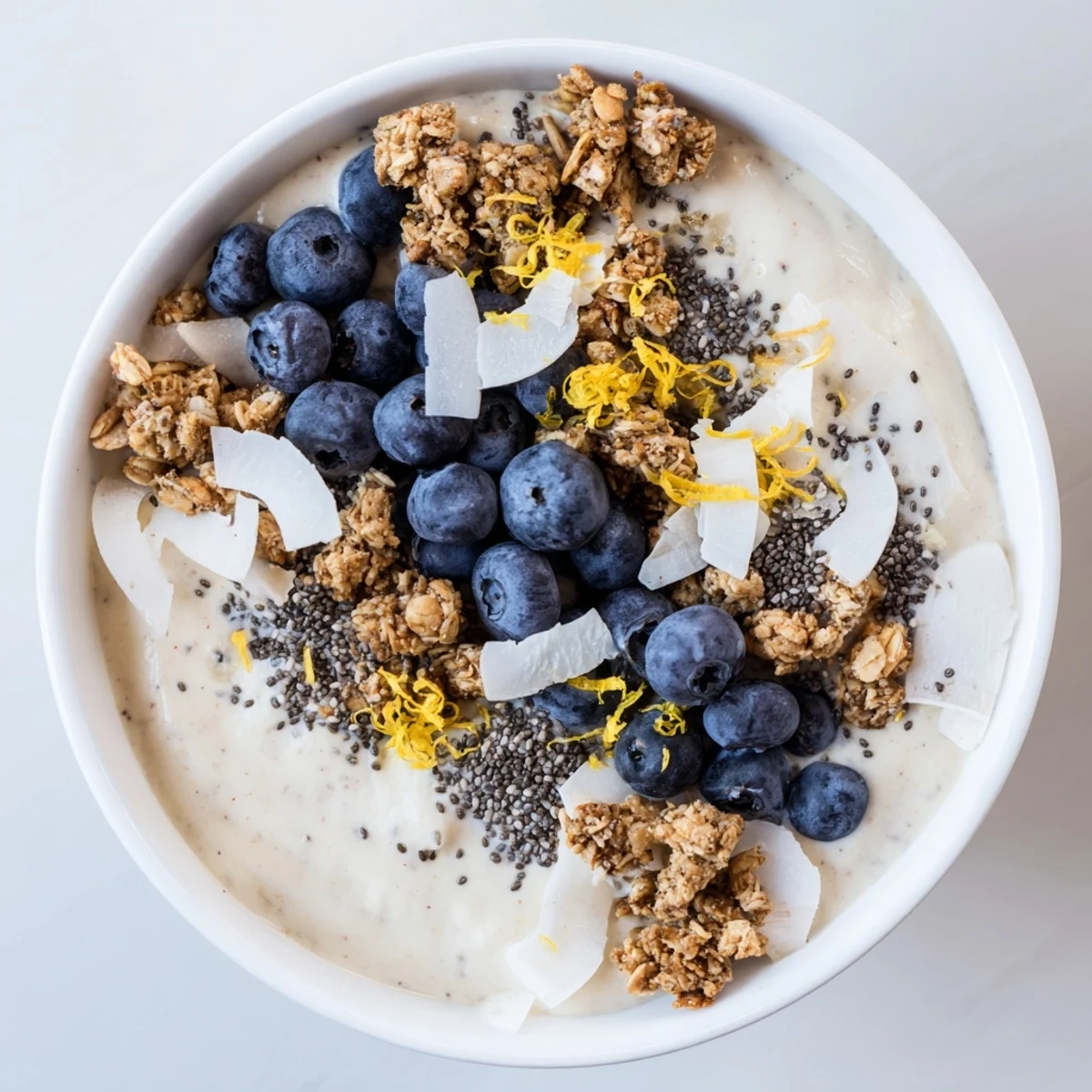 Ein cremiger Lemon Blueberry Smoothie Bowl mit Granola liegt neben einem Glas grünem Tee und einem Löffel für ein erfrischendes Frühstück.