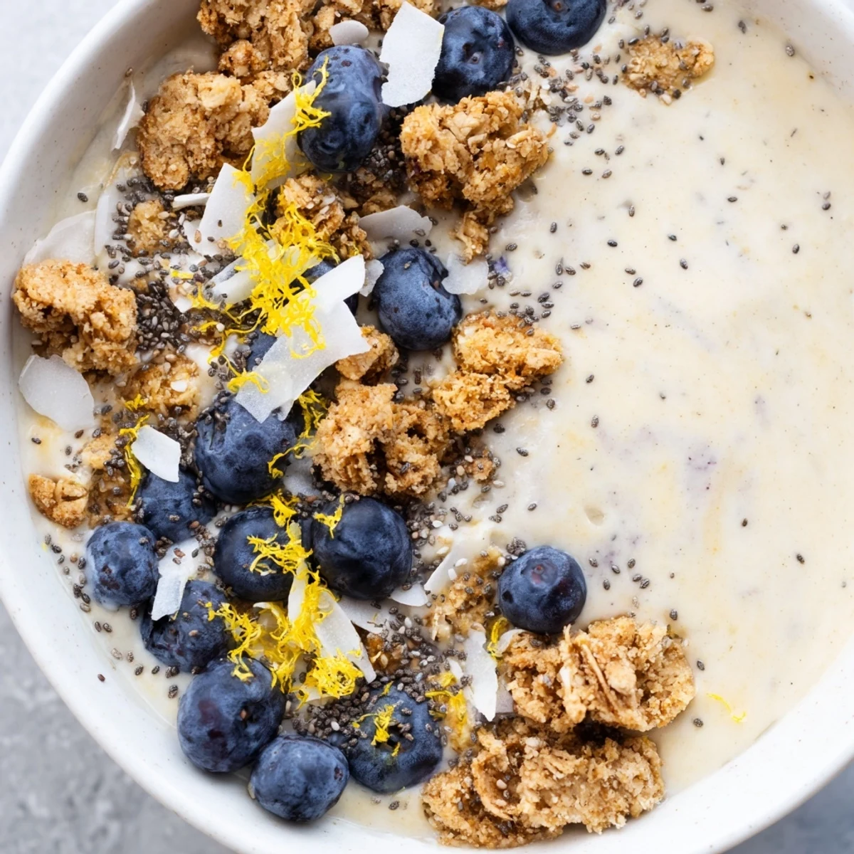 Ein nahrhafter Lemon Blueberry Smoothie Bowl mit Granola, garniert mit Chiasamen und Zitronenschale, serviert in einer Schüssel für einen gesunden Snack.