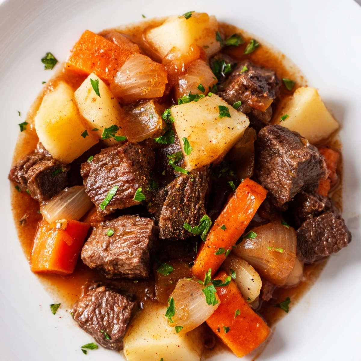 Würziges Rinder-Eintopfgericht mit Pastinaken und Rüben, serviert in einer rustikalen Schüssel und bestreut mit Petersilie.
