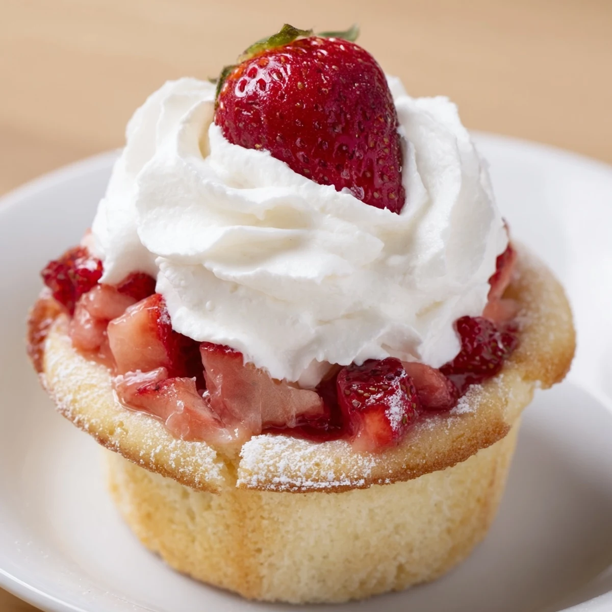 Moist Strawberry Shortcake Cupcakes with fresh berry filling and fluffy whipped cream topping on marble.