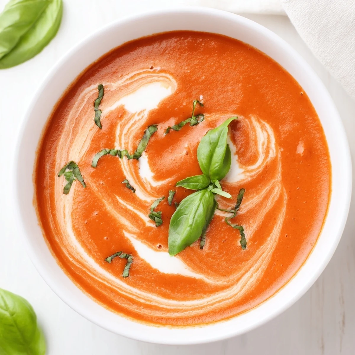 Creamy Tomato Soup with Basil served hot with a grilled cheese sandwich, garnished with fresh basil.