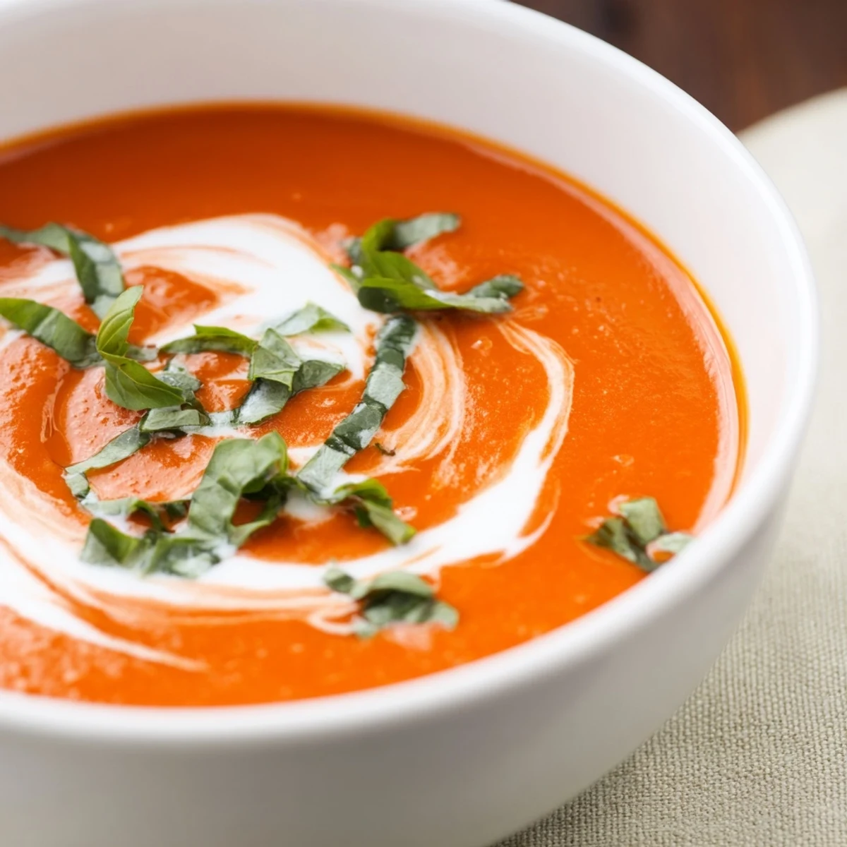 A steaming bowl of Creamy Tomato Soup with Basil beside crusty bread and a drizzle of cream.