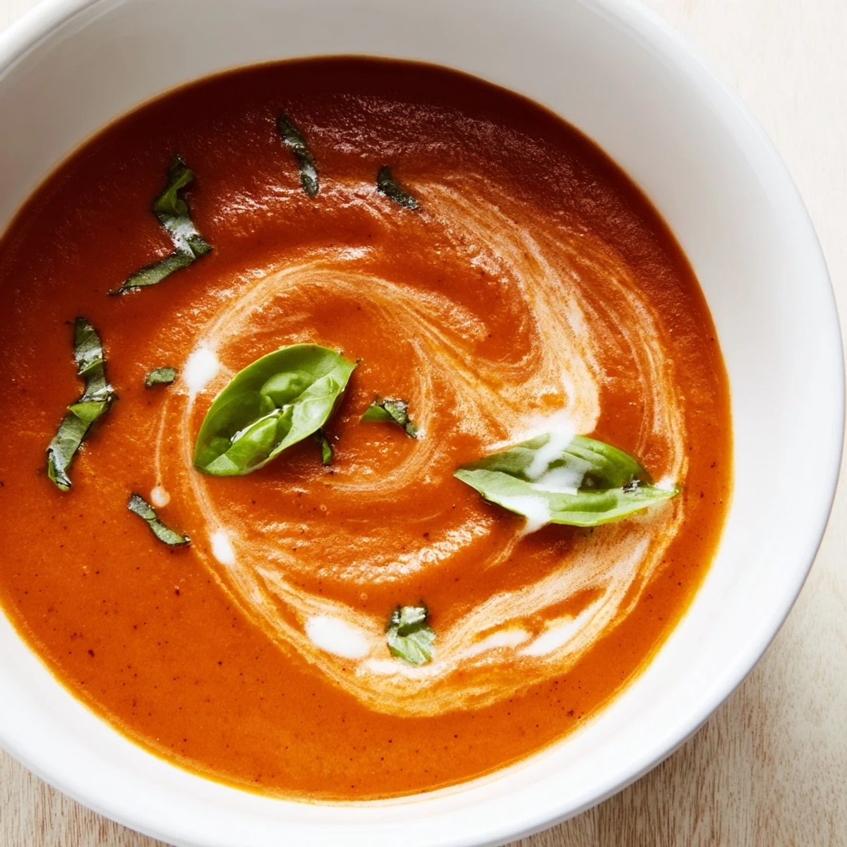 Smooth, velvety Creamy Tomato Soup with Basil in a rustic bowl, topped with fresh basil leaves.