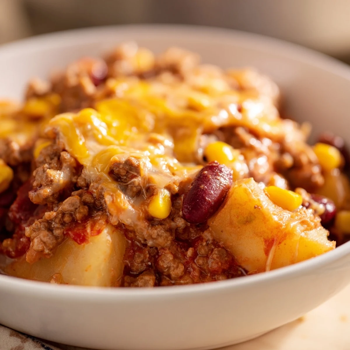 Slow Cooker Cowboy Casserole mit geschmolzenem Cheddar und zarten Kartoffeln in cremiger Tomatensoße