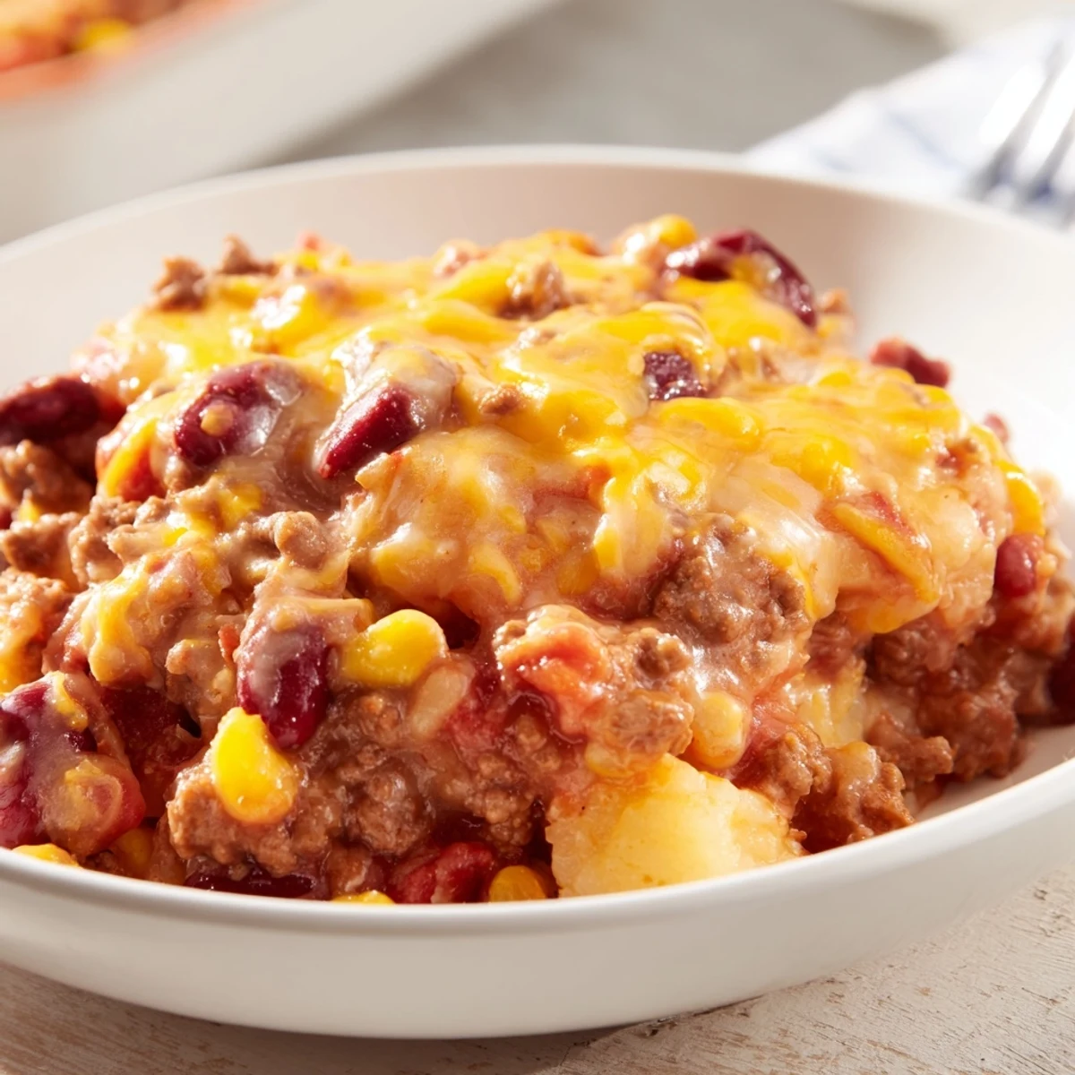 Slow Cooker Cowboy Casserole mit goldbraunem Käse über gartenfrischem Gemüse und herzhaften Rindfleischschichten