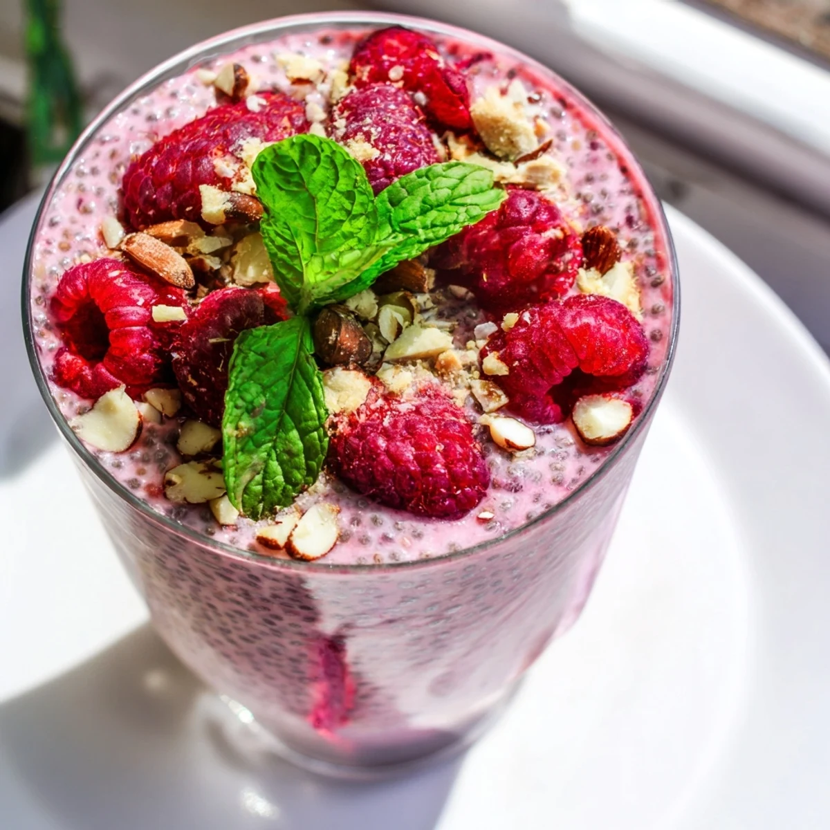 Creamy raspberry chia pudding in glass topped with fresh berries and mint leaves