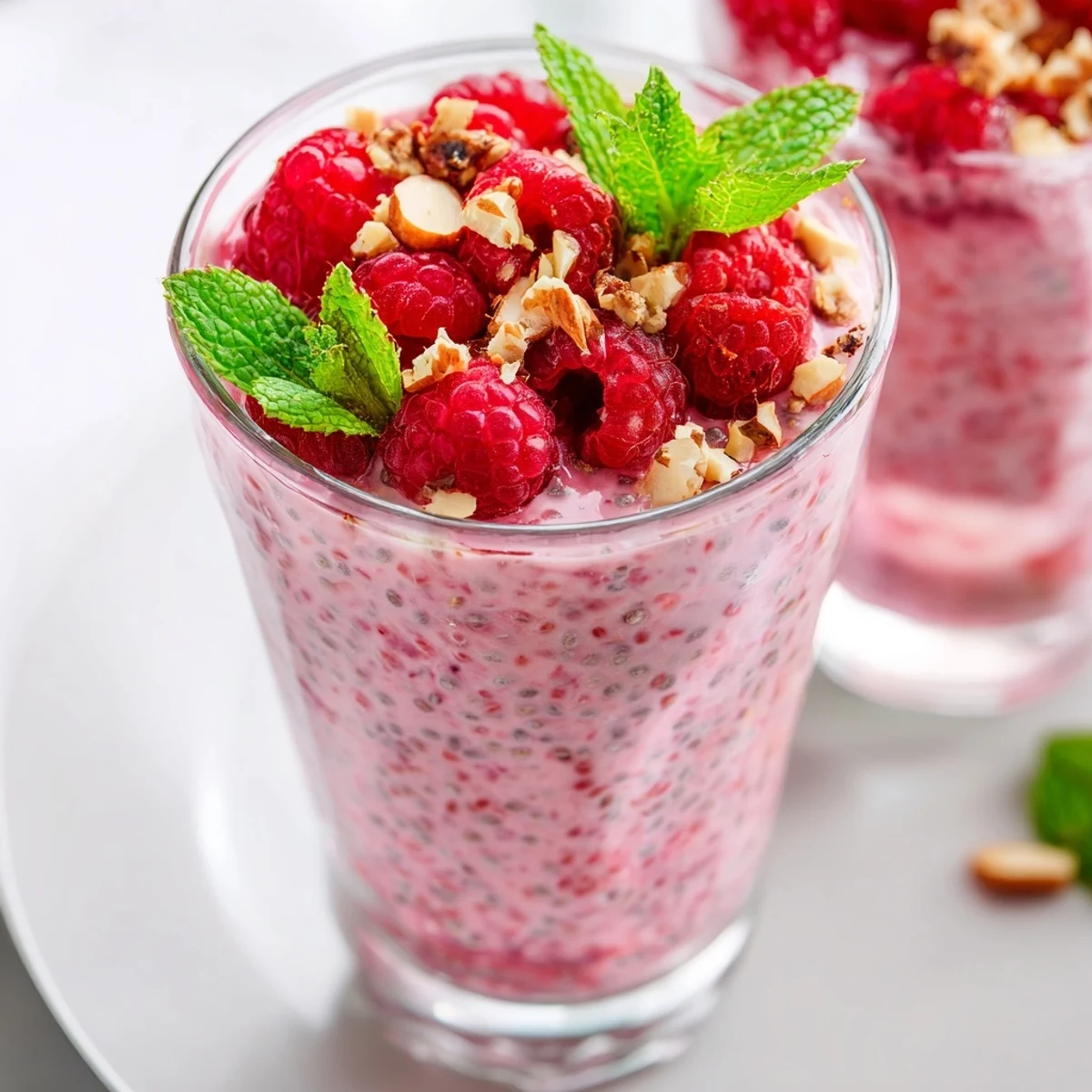 Thick and luscious raspberry chia pudding parfait garnished with whole raspberries and nuts
