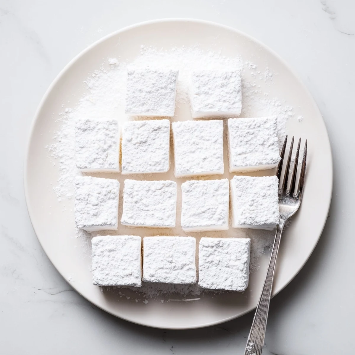 Weiße Marshmallow-Rezeptwürfel auf Holzbrett mit Puderzucker bestäubt