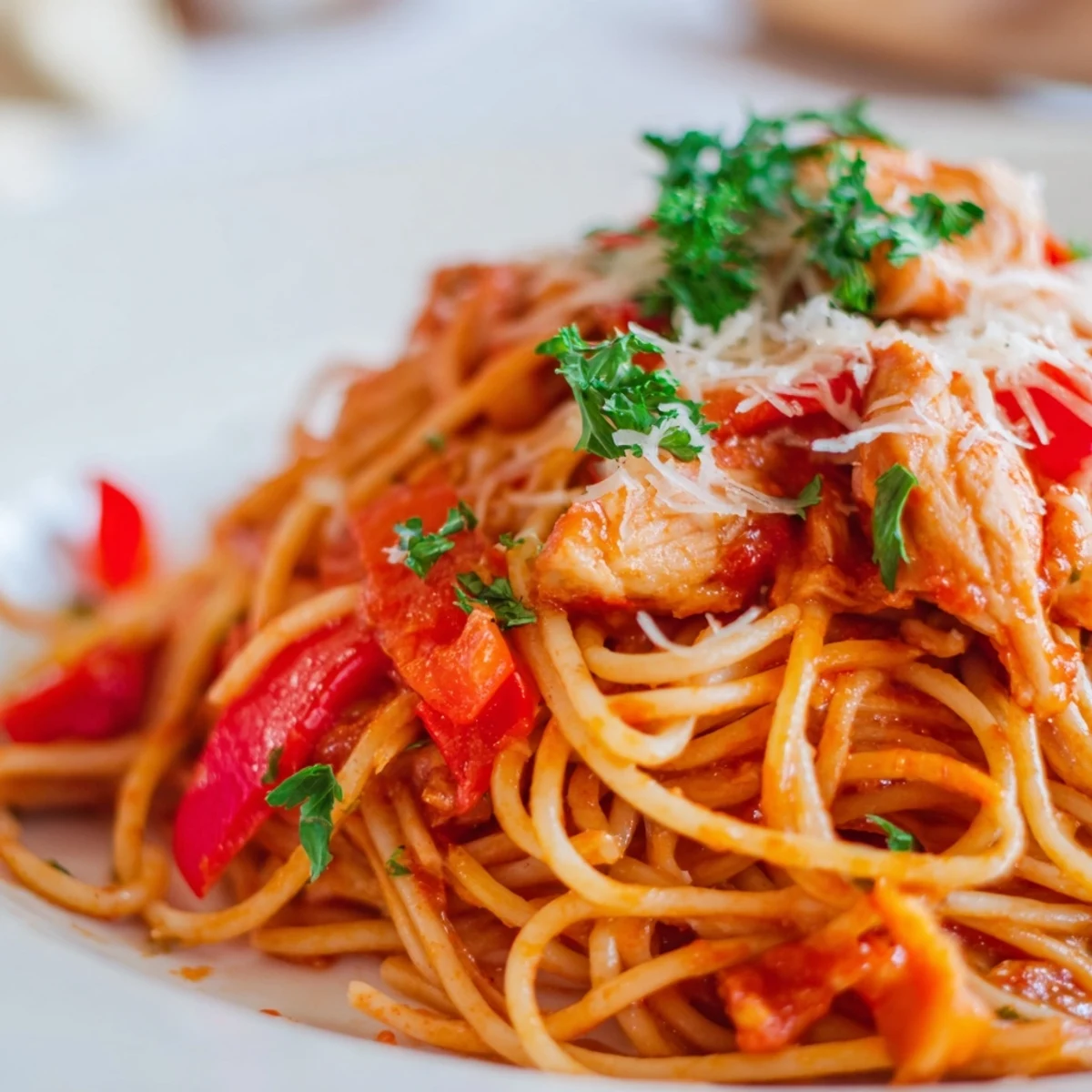Teller mit aromatischem Hühnchen-Spaghetti aus dem Schnellkochtopf, garniert mit frischer Petersilie