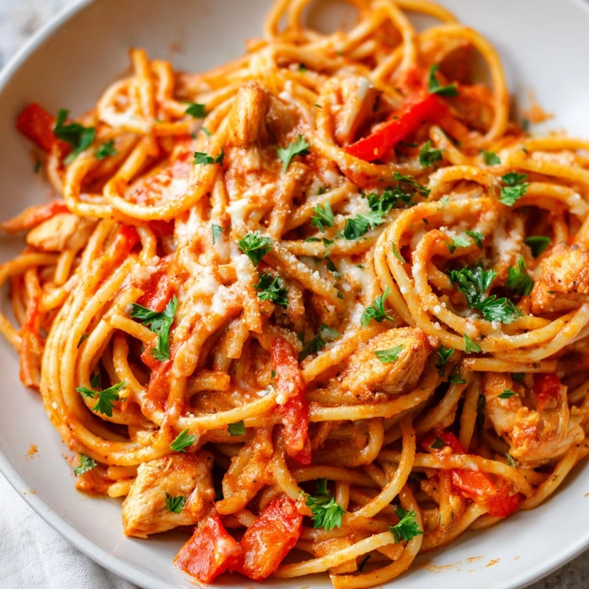 Sahnige Hühnchen-Spaghetti-Pfanne aus dem Instant Pot mit Nudeln, Hühnchenstücken und Tomatensoße