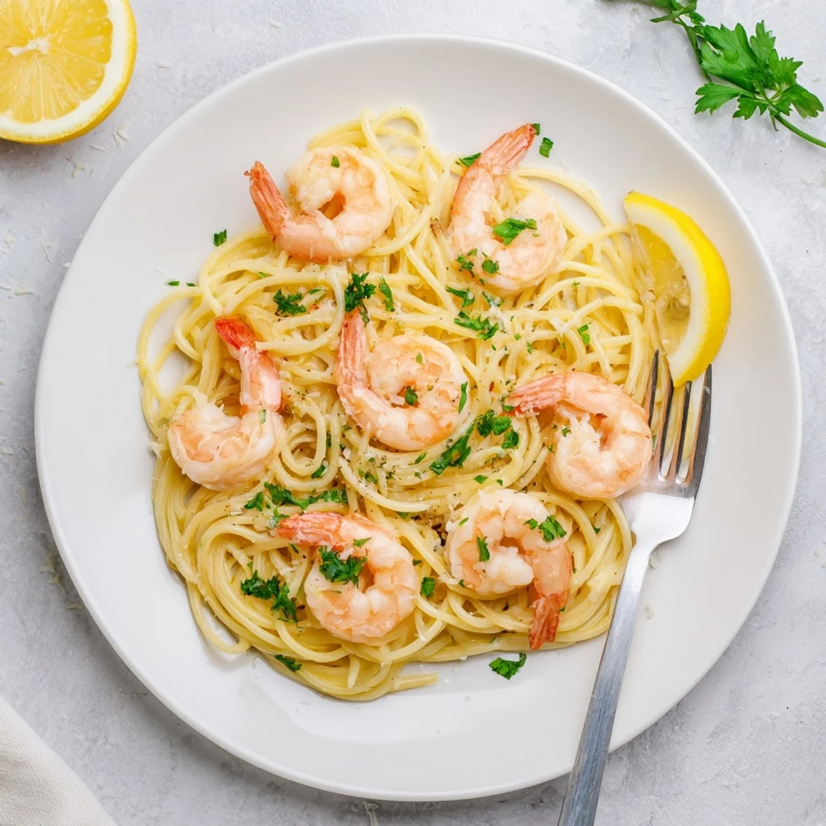 Garlic-buttered Shrimp Scampi Pasta mit al dente Spaghetti und frischer Petersilie garniert