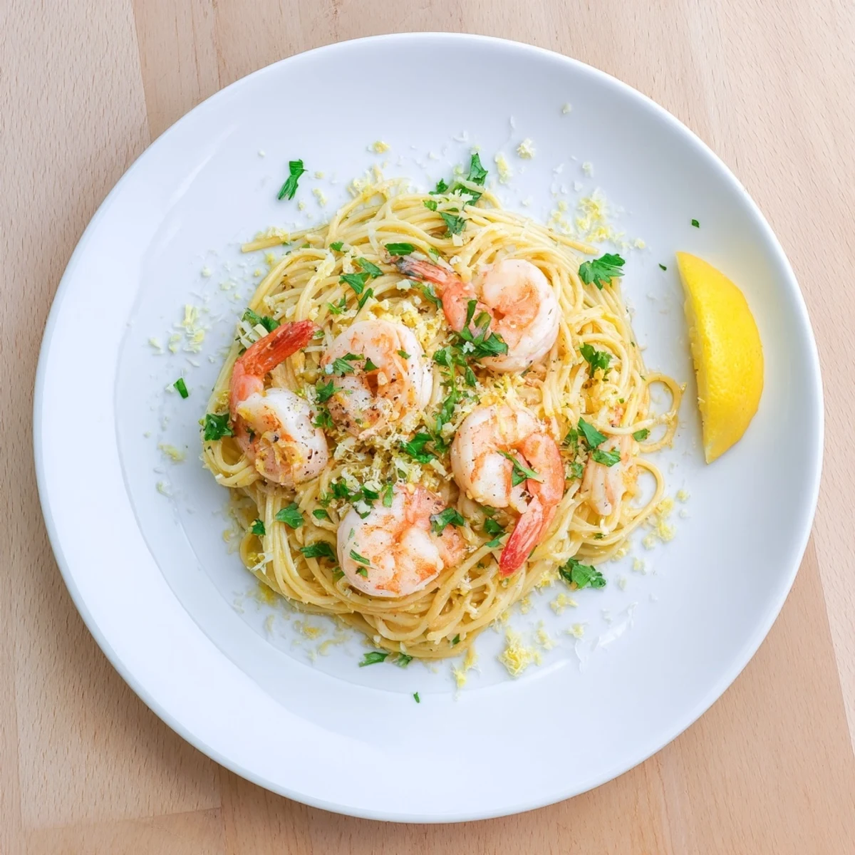 Shrimp Scampi Pasta in weißer Wein-Zitronen-Soße mit saftigen Garnelen auf einem Teller serviert