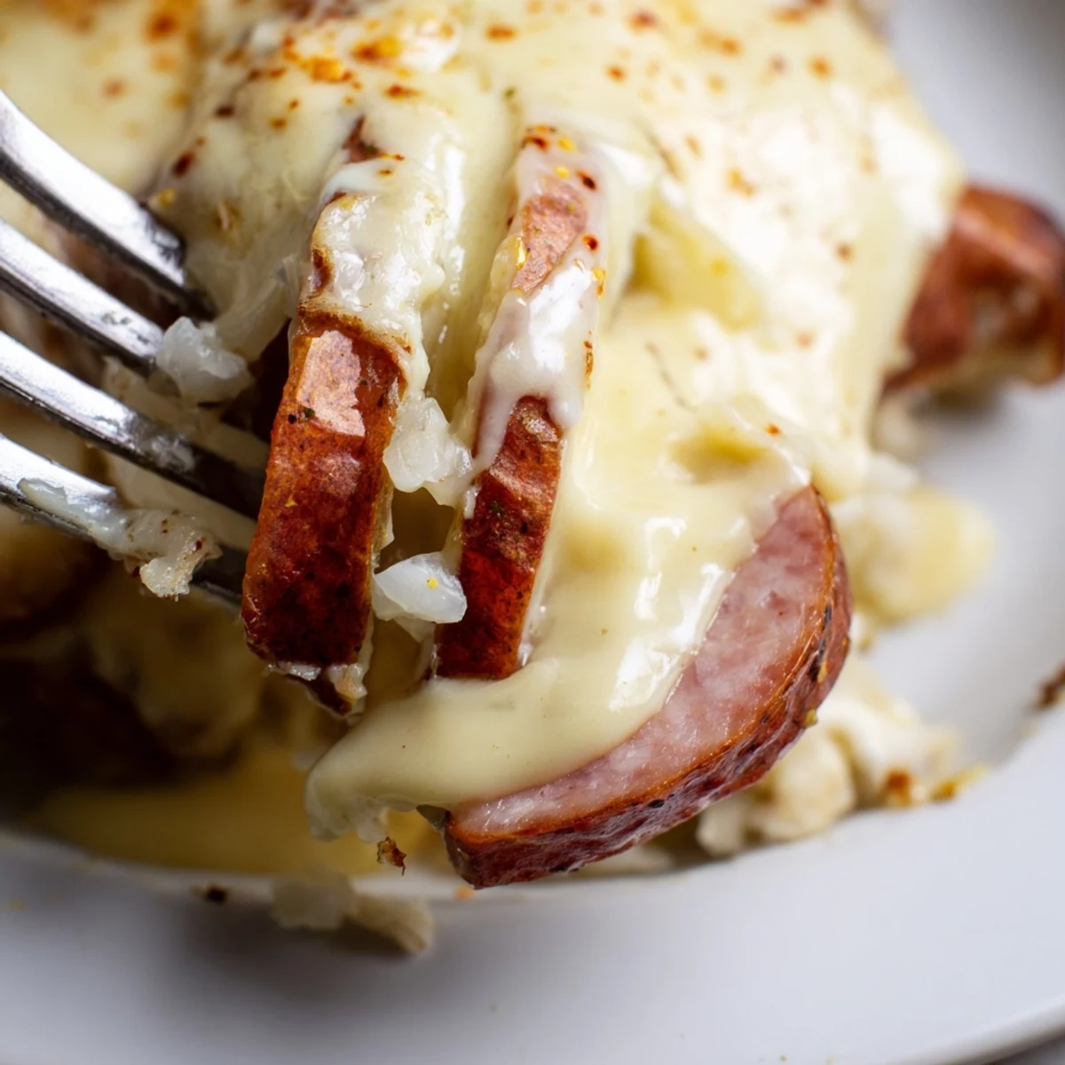 Zart geschichtete Kartoffeln und rauchiger Kielbasa in goldbraunem Käsesauce aus dem Slow Cooker