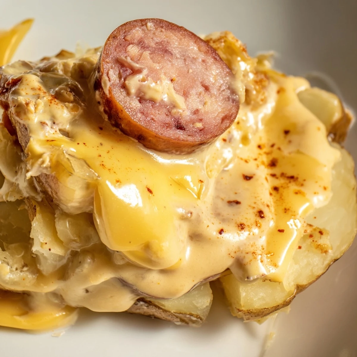 Heiße Schichtkartoffeln mit Kielbasa-Scheiben und geschmolzenem Cheddar direkt serviert