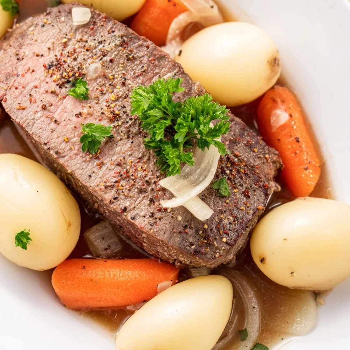 Saucige Slow Cooker Steak und Kartoffeln mit Petersilie garniert auf einem Teller