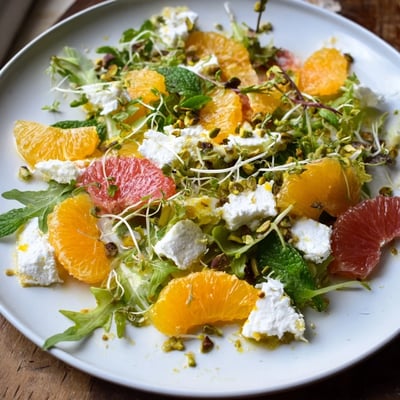 A close-up of a refreshing Winter Citrus Feta Salad with creamy feta and crunchy pistachios.