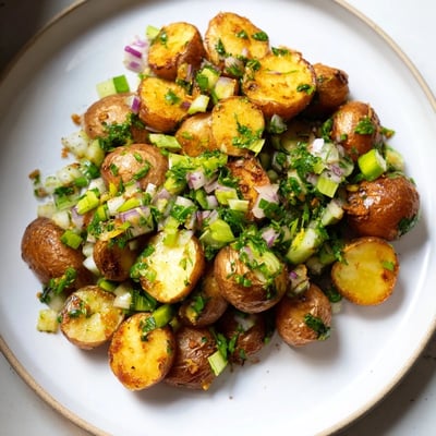 Close-up of crispy Roasted Potato Salad with red onion and celery for a fresh flavor.