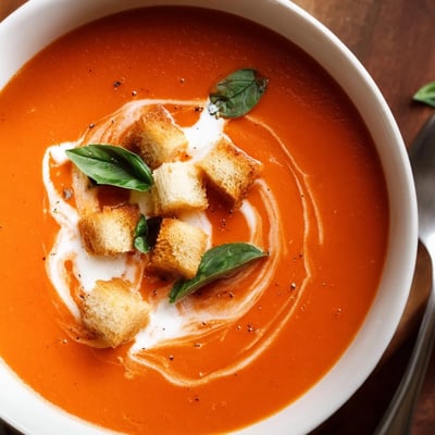 Spoon dipping into velvety Creamy Tomato Basil Bisque with Croutons, beside a grilled cheese sandwich on a checkered napkin.