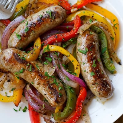 Juicy sausages sizzle beside roasted bell peppers and onions on a sheet pan dinner.