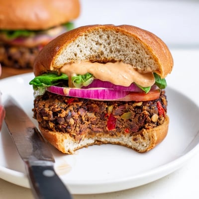 Genussvolle Vegan Black Bean Burger mit würziger Chipotle Mayo und knackigem Salat im geöffneten Brioche-Brötchen.