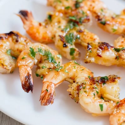 Gegrillte Lemon Garlic Shrimp Skewers auf einem rustikalen Holzbrett mit knusprigem Baguette serviert.