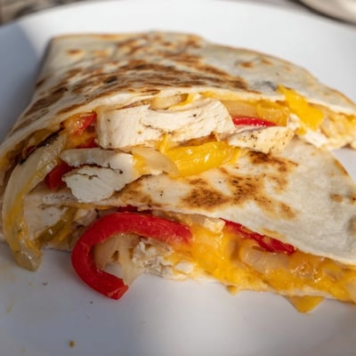 Sliced wedges of Chicken Quesadillas with Peppers, Onions, and Cheese served with salsa and sour cream.