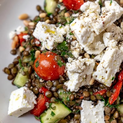 Frisch zubereiteter mediterraner Linsensalat mit Feta, gerösteten Paprika und einem Spritzer Zitronen-Dressing.