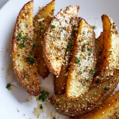 Knusprige Crispy Oven Baked Potato Wedges with Herbs mit Dip auf einem rustikalen Teller.