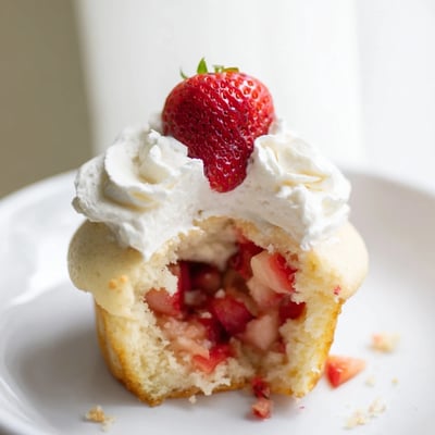 Zarte Strawberry Shortcake Cupcakes mit frosting gefüllt und cremigem topping garniert für nachmittag