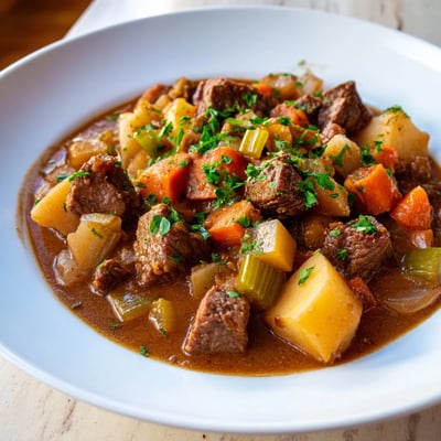 Frisch geerntete Karotten, Pastinaken und Kräuter zieren die Beef Stew with Root Vegetables and Herbs, serviert im gusseisernen Topf.