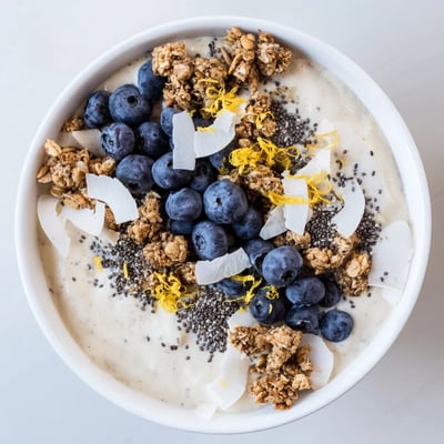 Ein cremiger Lemon Blueberry Smoothie Bowl mit Granola liegt neben einem Glas grünem Tee und einem Löffel für ein erfrischendes Frühstück.