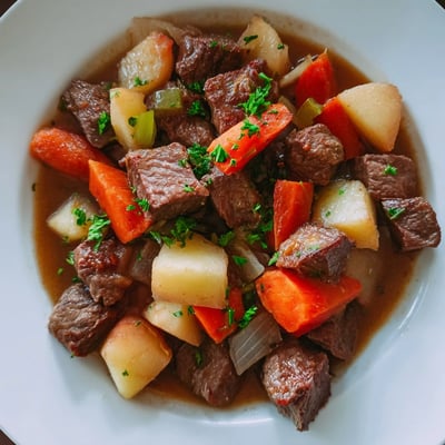 Herzhaftes Rindfleischragout mit Karotten und Kartoffeln in einer dunklen Sauce, dampfend heiß in einer Terrine angerichtet.