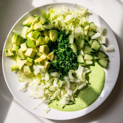 Heller Green Goddess Salad mit Avocado, Gurkenstückchen und Kräutern auf rustikalem Holz