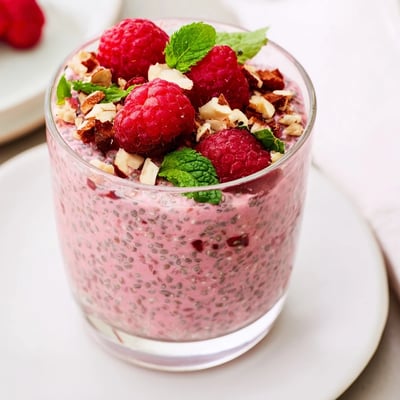 Vibrant pink raspberry chia pudding layered with granola and fresh raspberries for breakfast
