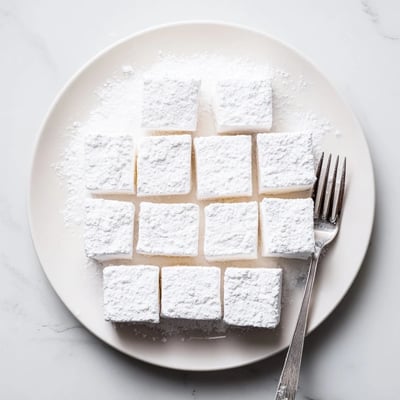 Weiße Marshmallow-Rezeptwürfel auf Holzbrett mit Puderzucker bestäubt